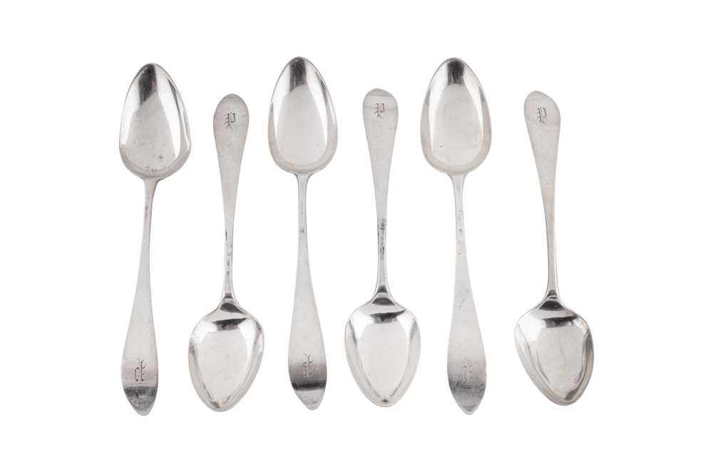 A set of six late 18th century American silver tablespoons, Baltimore circa 1780 by Gabriel Lewyn (a