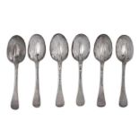 A matched set of six Queen Anne / George I Britannia standard silver tablespoons, three London 1708