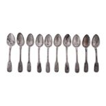 Seven Nicholas II Russian 84 Zolotnik (875 standard) silver dessert spoons, Moscow 1908-18 by I.P Kl