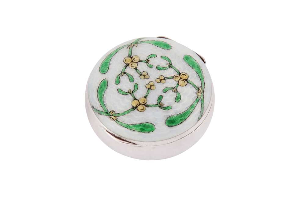 A late 19th century German unmarked silver and guilloche enamel pill box / compact, probably Pforzhe