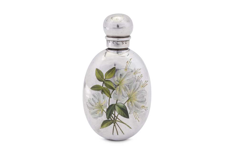 A Victorian sterling silver and enamel scent bottle, London 1889 by Sampson Mordan