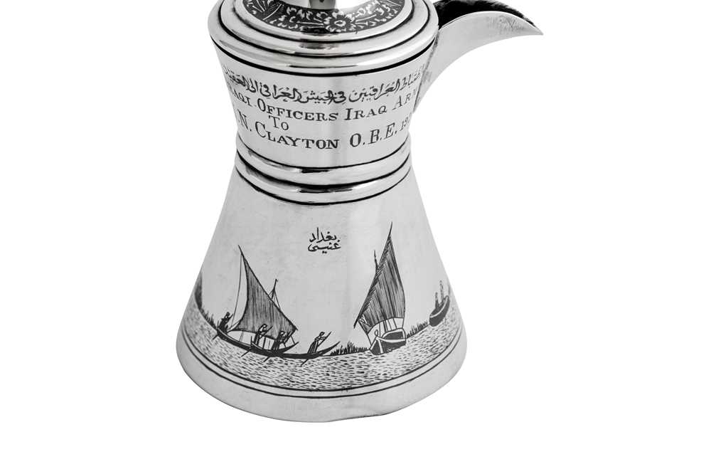 An early 20th century Iraqi silver and niello Turkish coffee pot (cezva), Basra dated 1928 signed Ba - Image 6 of 8