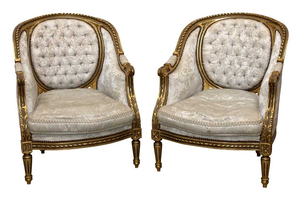 A PAIR OF LOUIS XVI STYLE GILT WOOD SALON CHAIRS, 20TH CENTURY