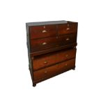 AN ANGLO INDIAN PADOUK WOOD CAMPAIGN CHEST OF DRAWERS, CONVERTED INTO TWO LOW CHESTS, 20TH CENTURY