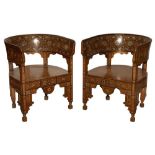 A PAIR OF SYRIAN HARDWOOD, MOTHER OF PEARL AND MARQUETRY INLAID ARMCHAIRS