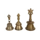 THREE BRONZE CEREMONIAL TEMPLE BELLS South India and Tibet, 19th century