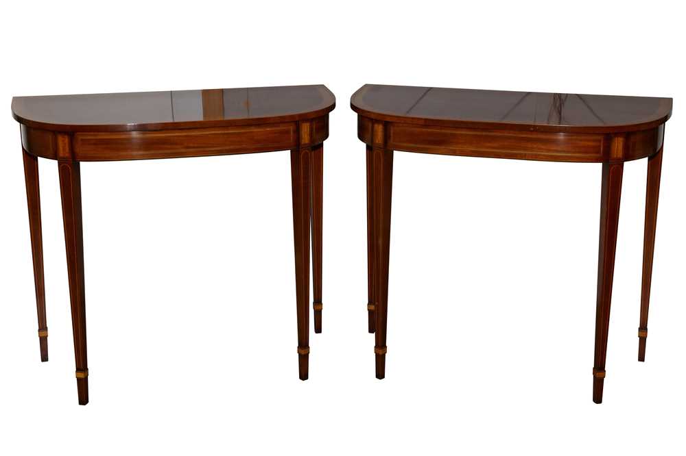 A PAIR OF SHERATON STYLE MAHOGANY AND SATINWOOD INLAID DEMI LUNE SIDE TABLES, LATE 20TH CENTURY