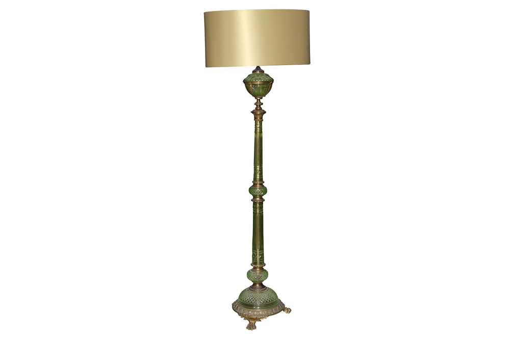 A VICTORIAN PALE GREEN GLASS AND GILT METAL KEROSENE STANDARD LAMP BASE