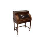 A LATE VICTORIAN SHERATON REVIVAL CROSS-BANDED AND INLAID CYLINDER BUREAU