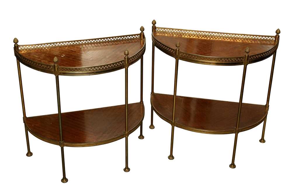 A PAIR OF FRENCH MAHOGANY TWO TIER ETAGERES, 20TH CENTURY