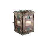 AN ARTS AND CRAFTS RECTANGULAR METAL AND STAINED GLASS HALL LANTERN