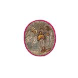 A METAL THREAD-EMBROIDERED OVAL CHRISTIAN ICON OF THE BAPTISM OF CHRIST