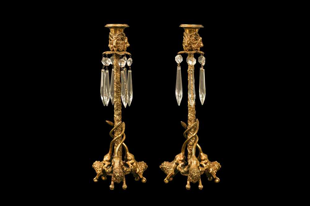 A PAIR OF LATE 19TH CENTURY FRENCH GILT BRONZE AND CUT GLASS CANDLESTICKS