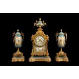A LATE 19TH CENTURY GILT BRONZE AND SEVRES STYLE PORCELAIN MOUNTED CLOCK GARNITURE