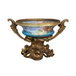 A FRENCH GILT BRONZE AND SEVRES STYLE PORCELAIN TAZZA, 20TH CENTURY,