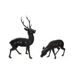 AN IMPRESSIVE PAIR OF NEAR LIFE SIZED JAPANESE BRONZE DEER