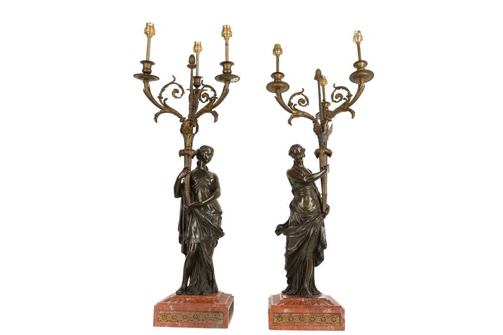 A LARGE AND IMPRESSIVE PAIR OF 19TH CENTURY BRONZE FIGURAL CANDELABRA LAMPS NAPOLEON III PERIOD, IN