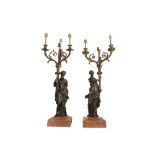 A LARGE AND IMPRESSIVE PAIR OF 19TH CENTURY BRONZE FIGURAL CANDELABRA LAMPS NAPOLEON III PERIOD, IN