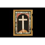 A 17TH CENTURY PIETRE DURE PANEL OF A CROSS WITH SKULL SET IN A TABERNACLE DOOR