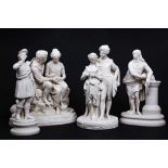 A LATE 19TH CENTURY BISCUIT PORCELAIN FIGURE OF MILTON TOGETHER WITH THREE FURTHER FIGURES