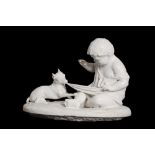 A 19TH CENTURY CARRARA MARBLE GROUP OF A BOY WITH DOG IN THE MANNER OF JOSEPH GOTT (1786-1860)