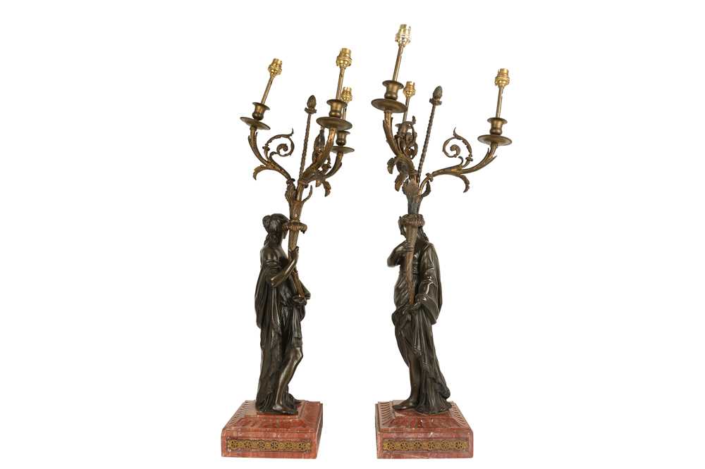 A LARGE AND IMPRESSIVE PAIR OF 19TH CENTURY BRONZE FIGURAL CANDELABRA LAMPS NAPOLEON III PERIOD, IN - Image 4 of 8