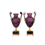 A PAIR OF LARGE 20TH CENTURY RUSSIAN AMETHYST GLASS AND ORMOLU MOUNTED VASES AFTER THE MODEL BY THE
