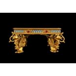 A LATE 19TH CENTURY FRENCH GILT BRONZE, CHAMPLEVE ENAMEL AND PASTE MOUNTED STAND