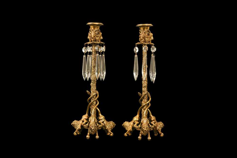 A PAIR OF LATE 19TH CENTURY FRENCH GILT BRONZE AND CUT GLASS CANDLESTICKS - Image 3 of 6