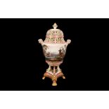 A 19TH CENTURY LOUIS XVI STYLE PORCELAIN URN DEPICTING A HUNTING SCENE