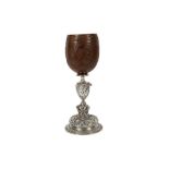 A FINE 19TH CENTURY FRENCH COCONUT CUP MOUNTED ON AN ELKINGTON TYPE ELECTROPLATED BASE