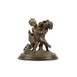 A 19TH CENTURY FRENCH BRONZE MODEL OF A TWO PUTTI WITH A GOOSE SIGNED 'BOUCHER FRES ETR'
