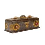 A 19TH CENTURY ENGLISH SERPENTINE MARBLE, ORMOLU AND HARD STONE INLAID CASKET