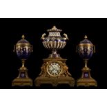 A FINE LATE 19TH CENTURY FRENCH GILT BRONZE AND SEVRES STYLE PORCELAIN CLOCK GARNITURE