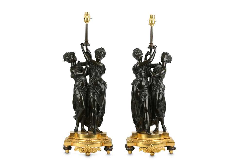 A PAIR OF LATE 19TH / EARLY 20TH CENTURY FRENCH BRONZE FIGURAL LAMP BASES IN THE MANNER OF FALCONET