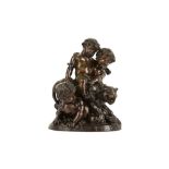 A 19TH CENTURY FRENCH BRONZE GROUP OF PUTTI WITH A PANTHER IN THE MANNER OF CLODION