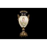 A LARGE EARLY 20TH CENTURY SEVRES STYLE PORCELAIN AND GILT BRONZE MOUNTED URN