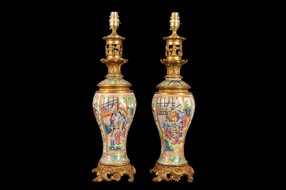 A PAIR OF LATE 19TH CENTURY CHINESE FAMILLE ROSE PORCELAIN LAMP BASES