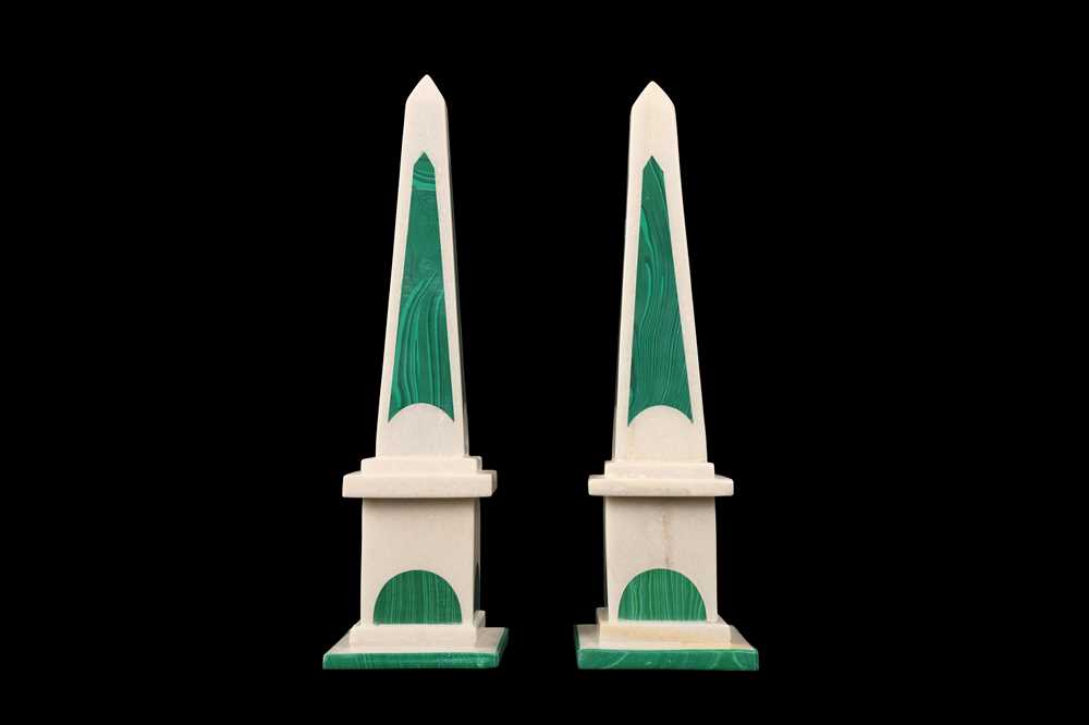 A PAIR OF WHITE MARBLE AND MALACHITE OBELISKS