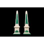 A PAIR OF WHITE MARBLE AND MALACHITE OBELISKS