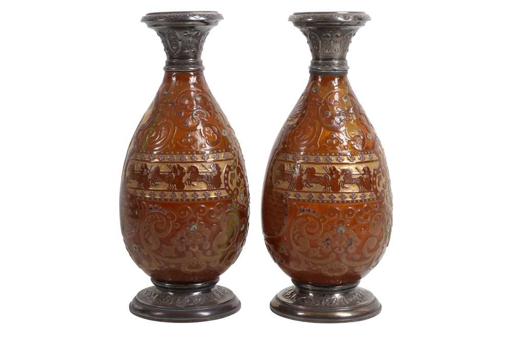 A PAIR OF LATE 19TH CENTURY FRENCH SILVER MOUNTED GLASS VASES BY BURGUN, SCHVERER & CIE, - Image 2 of 4