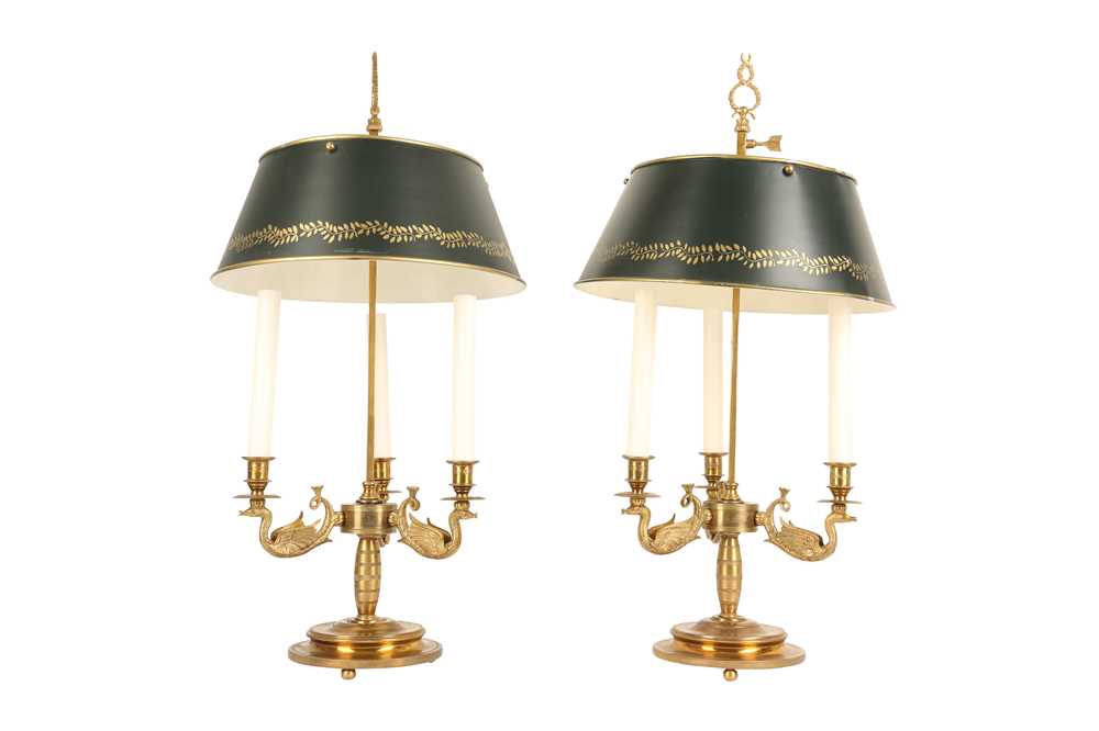 A PAIR OF LOUIS XVI STYLE ORMOLU AND TOLE BOUILLOTTE LAMPS