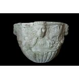 A 15TH / 16TH CENTURY ITALIAN CARVED MARBLE VESSEL DECORATED WITH LION MASKS AND BIRDS