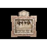 A JERUSALEM MOTHER OF PEARL, ABALONE AND OLIVEWOOD DIORAMA DEPICTING THE LAST SUPPER