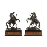 A LARGE PAIR OF MID 19TH CENTURY FRENCH BRONZE MODELS OF THE MARLEY HORSES ON BOULLE STANDS AFTER TH