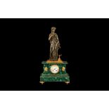 A LARGE LATE 19TH CENTURY FRENCH BRONZE AND MALACHITE FIGURAL MANTEL CLOCK THE BRONZE BY THEODORE DO