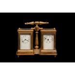 A GILT BRONZE DESK COMPENDIUM WITH CARRIAGE CLOCK AND BAROMETER
