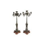 A PAIR OF LATE 19TH CENTURY FRENCH BRONZE AND MARBLE NEO-GREC STYLE CANDELABRA POSSIBLY BY BARBEDIEN