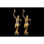 AFTER MARCEL DEBUT (FRENCH, 1865-1933): A LARGE PAIR OF 20TH CENTURY GILT AND SILVERED BRONZE FIGURE