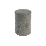 A CHINESE PEWTER 'BAMBOO' TEA CADDY, LINER AND COVER.